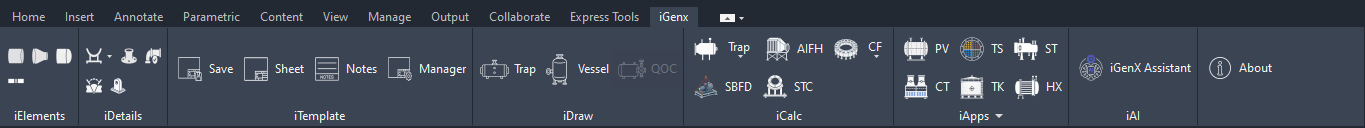The iGenx ribbon tab in AutoCAD with iElements, iDetails, iTemplate, iDraw, iCalc, iApps and iAI groups