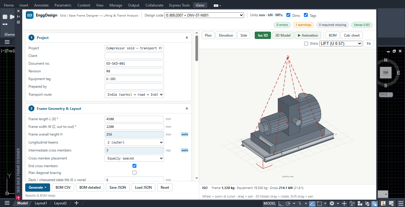 iGenx Skid Base Frame Designer showing lifting analysis in 3D