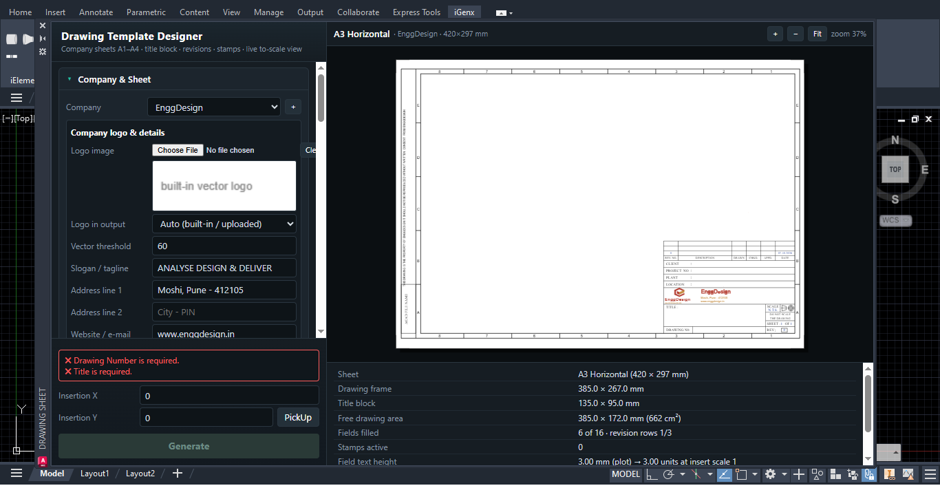 iGenx Drawing Template Designer with A3 sheet preview