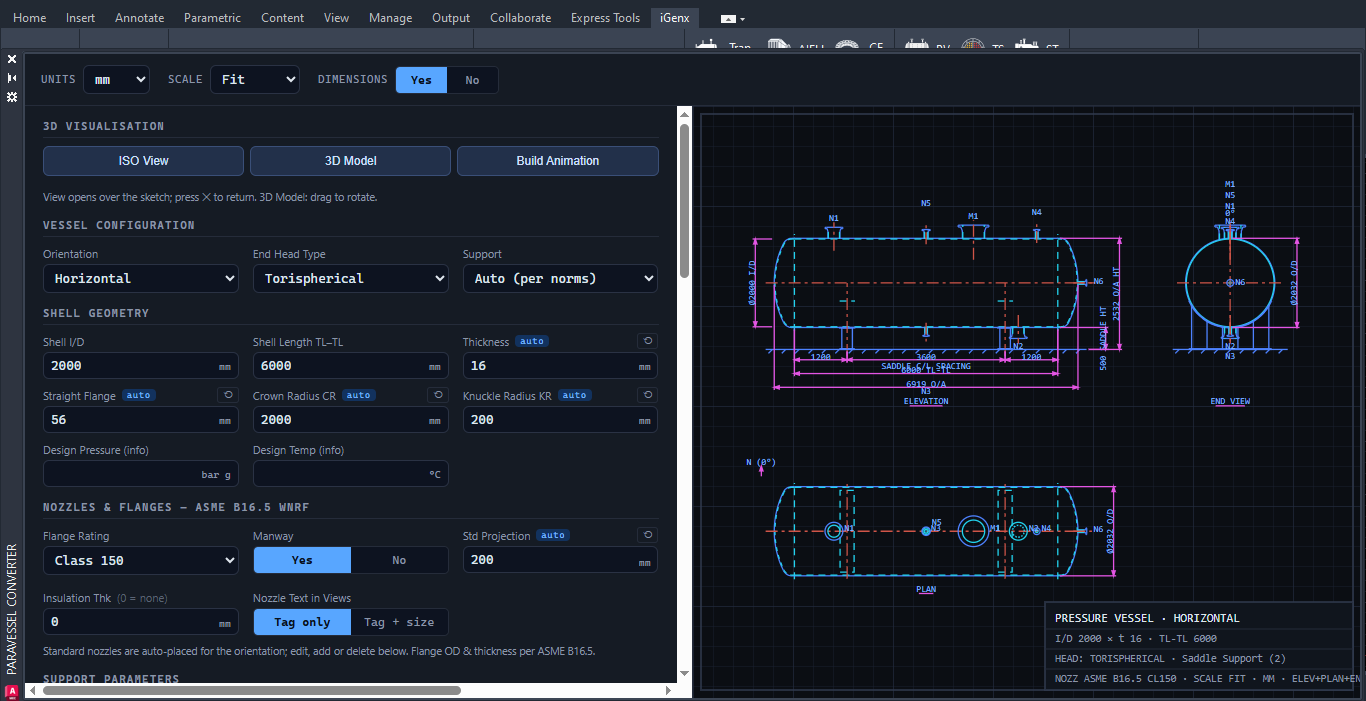 After: iGenx Pressure Vessel application in AutoCAD showing inputs and generated elevation, end view and plan