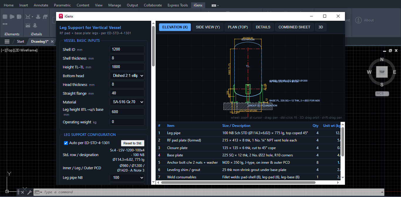 iGenx Leg Support for Vertical Vessel with bill of materials