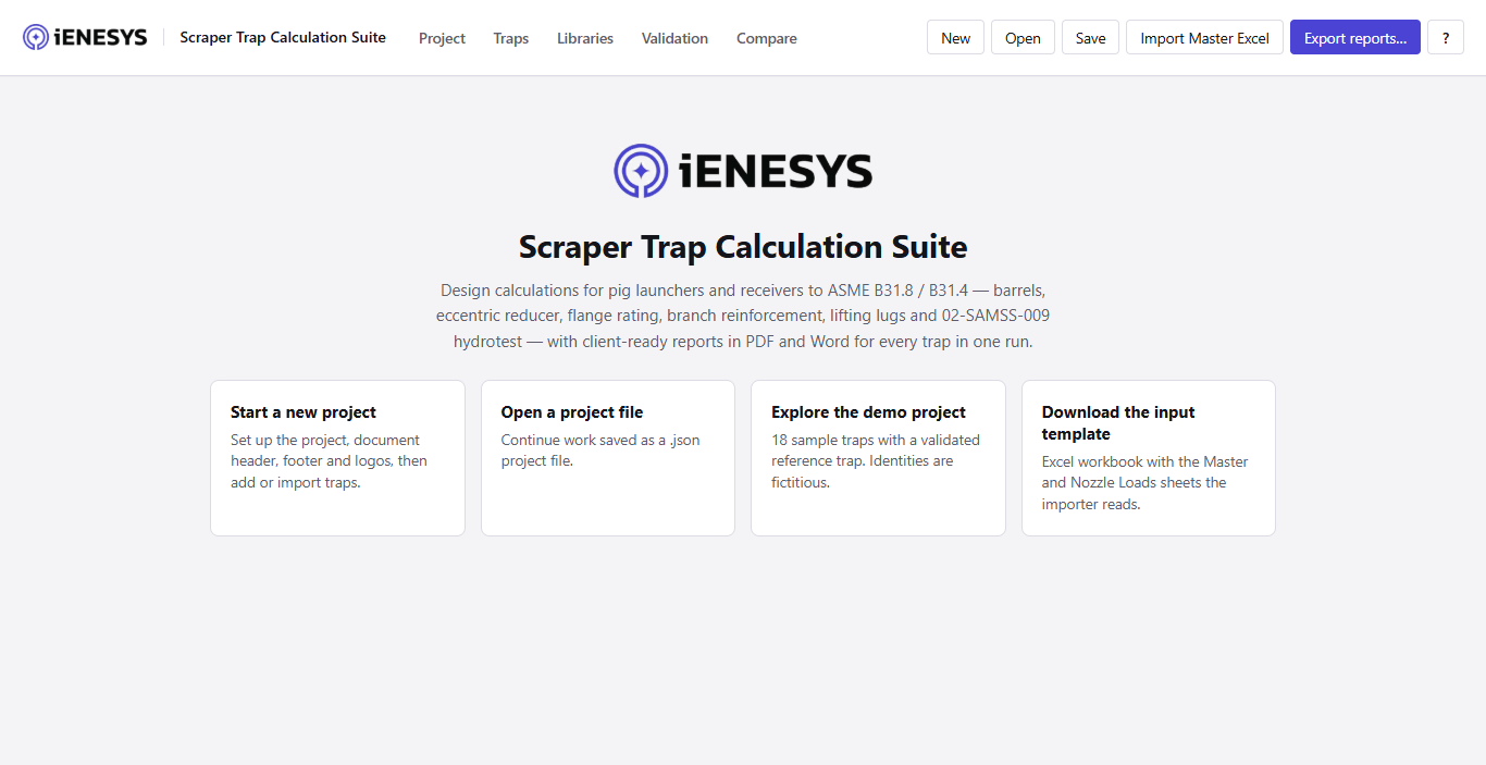 Scraper Trap Calculation Suite start screen